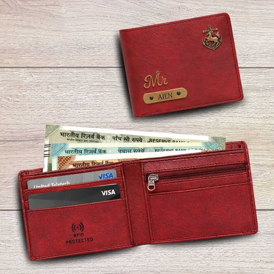 Personalized RFID Protected Chain Wallet with Card Holder - Maroon