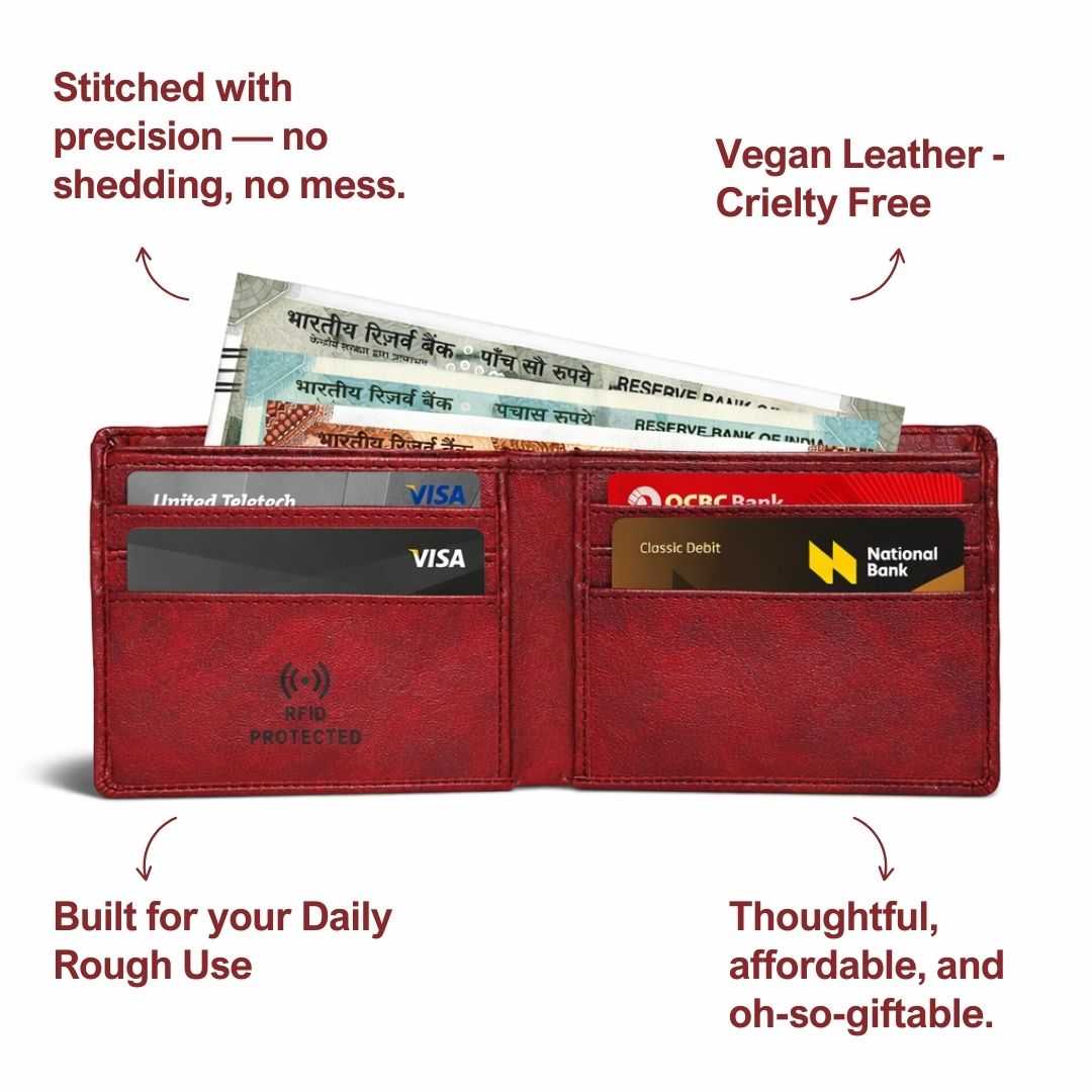 Personalized RFID Protected Vegan Leather for Men Wallet - Maroon