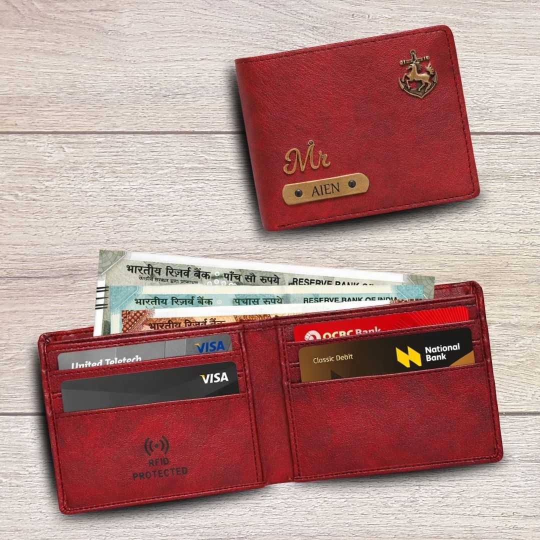 Personalized RFID Protected Vegan Leather for Men Wallet - Maroon