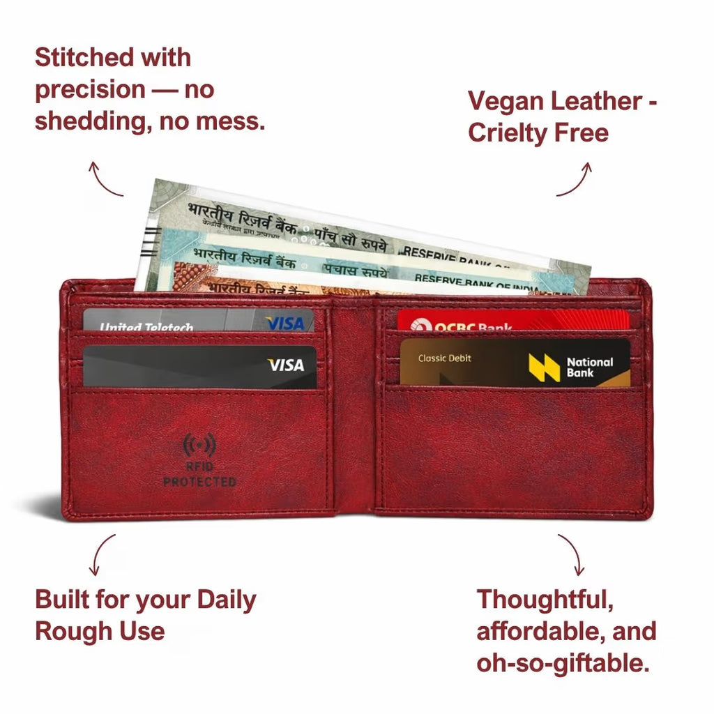 Personalized RFID Protected Vegan Leather for Men Wallet - Maroon