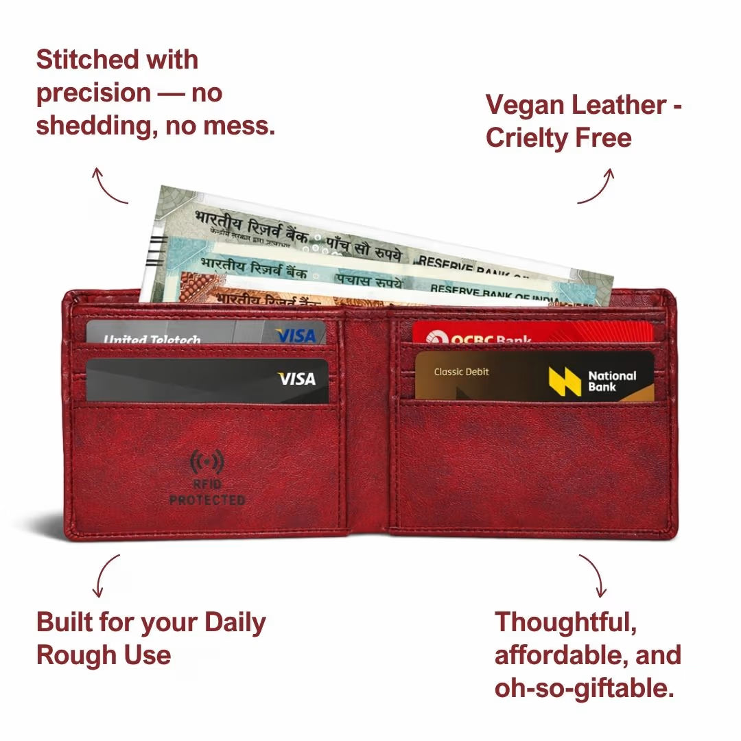 Personalized RFID Protected Vegan Leather for Men Wallet - Maroon
