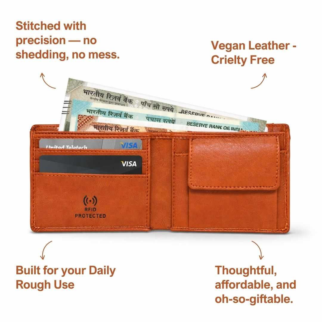 Personalized RFID Protected Vegan Leather Coin Pocket Wallet - Tan