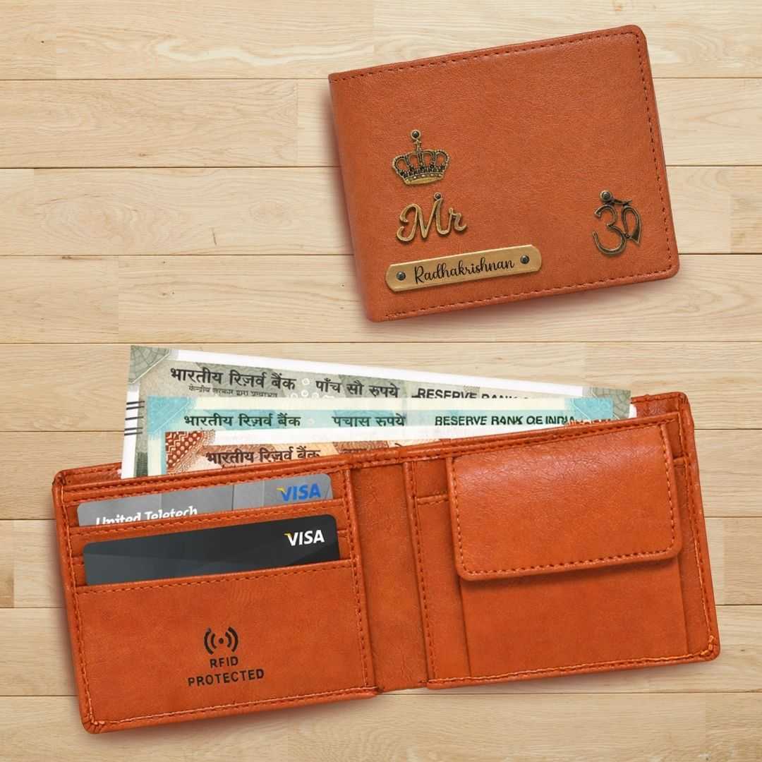 Personalized RFID Protected Vegan Leather Coin Pocket Wallet - Tan