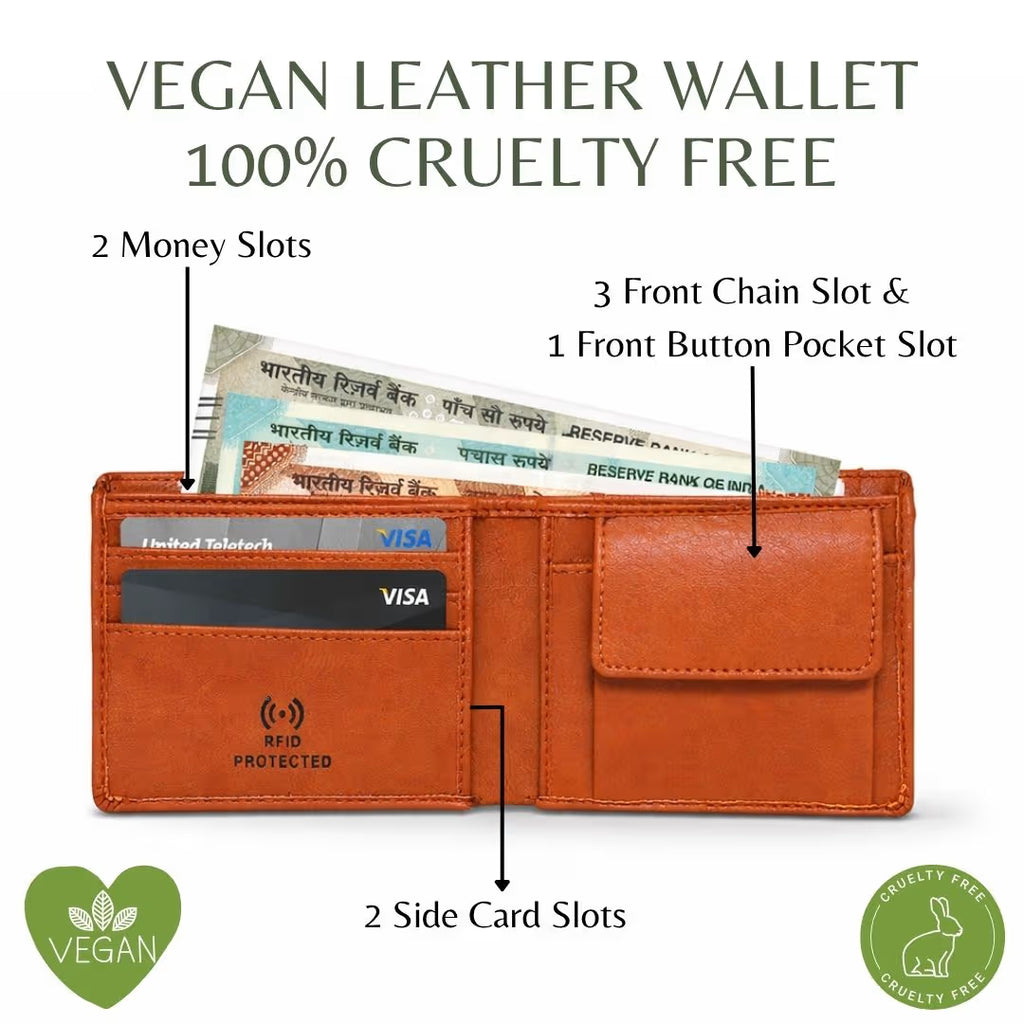 Personalized RFID Protected Vegan Leather Coin Pocket Wallet - Tan