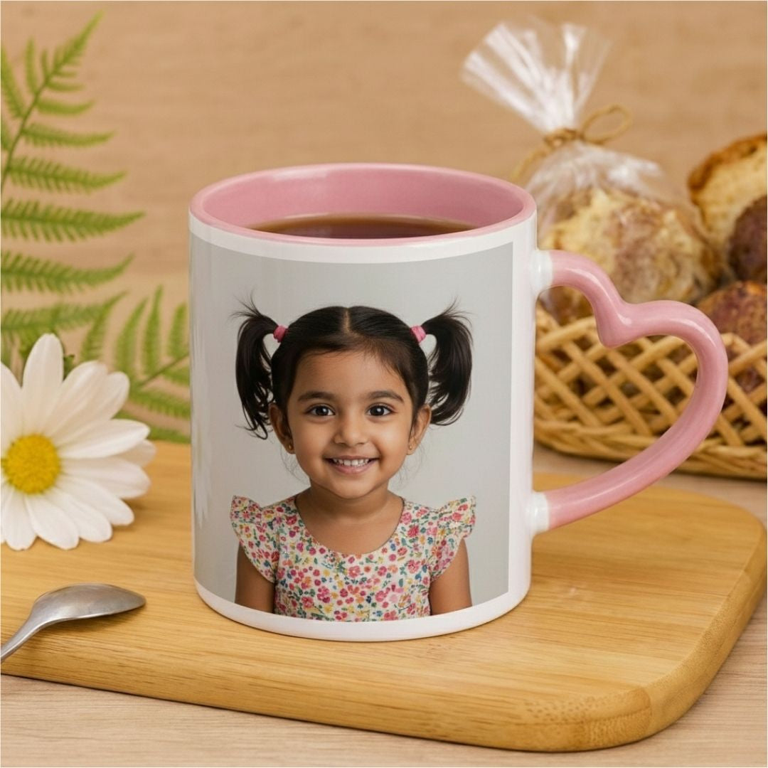 Pink Heart Handle Ceramic Photo Mug