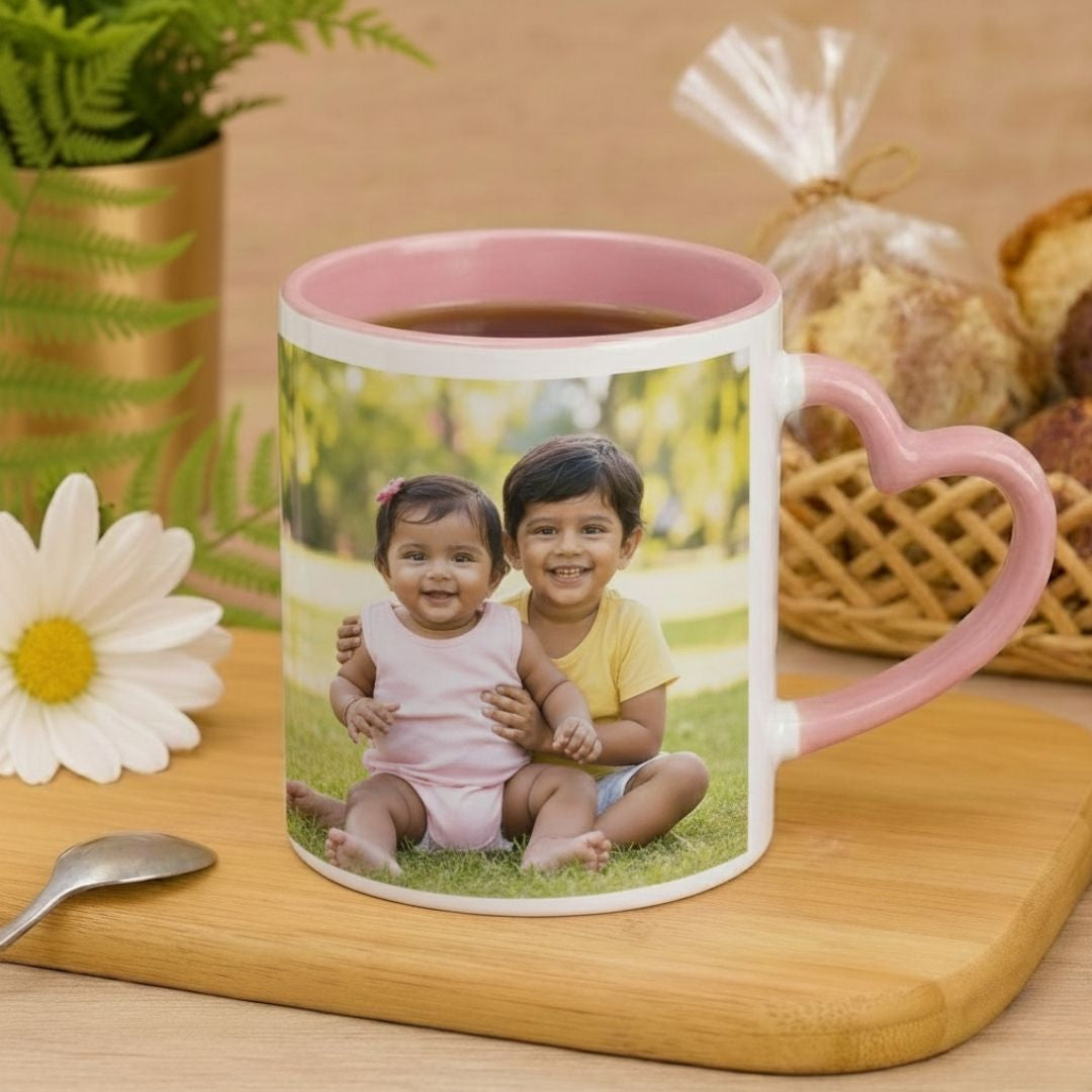 Pink Heart Handle Ceramic Photo Mug