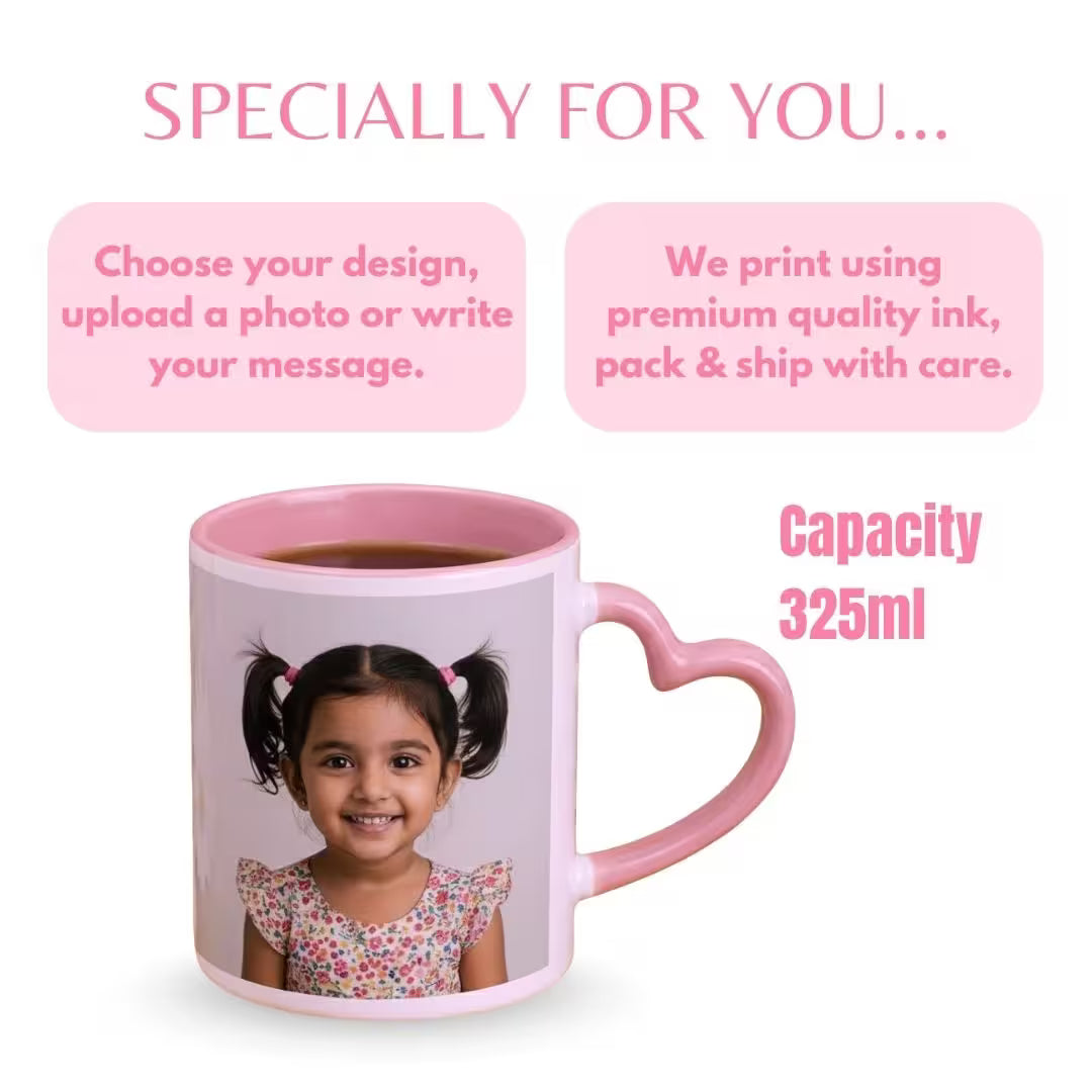 Pink Heart Handle Ceramic Photo Mug