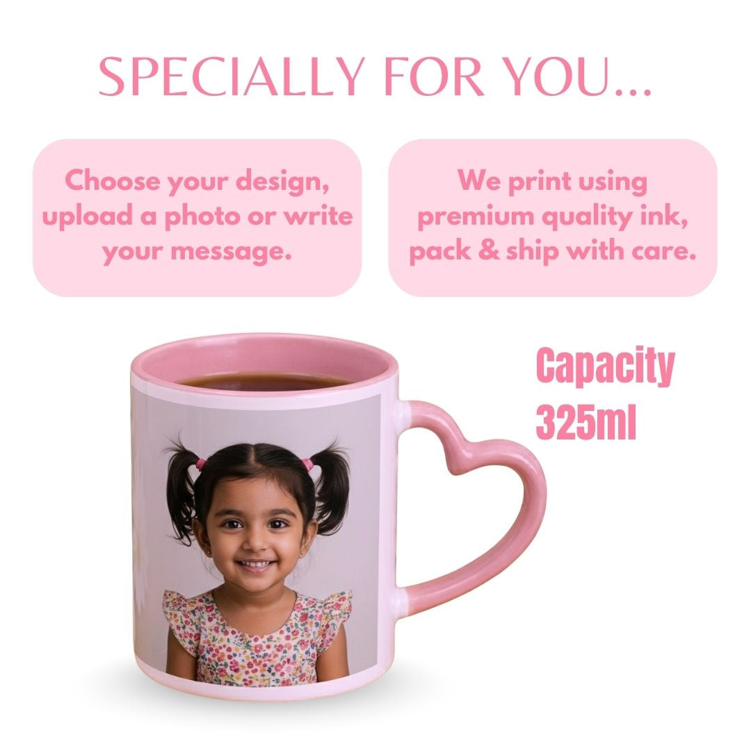 Pink Heart Handle Ceramic Photo Mug