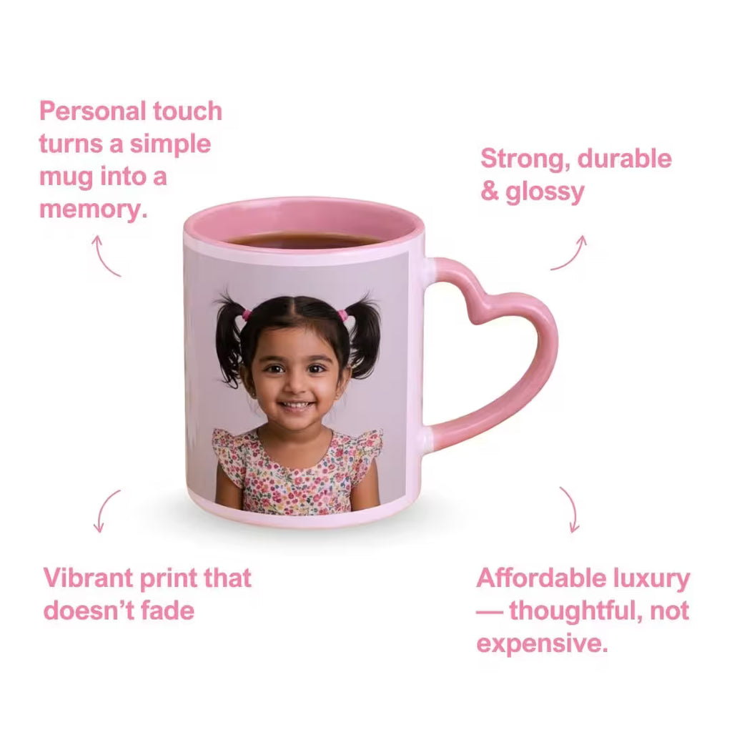 Pink Heart Handle Ceramic Photo Mug