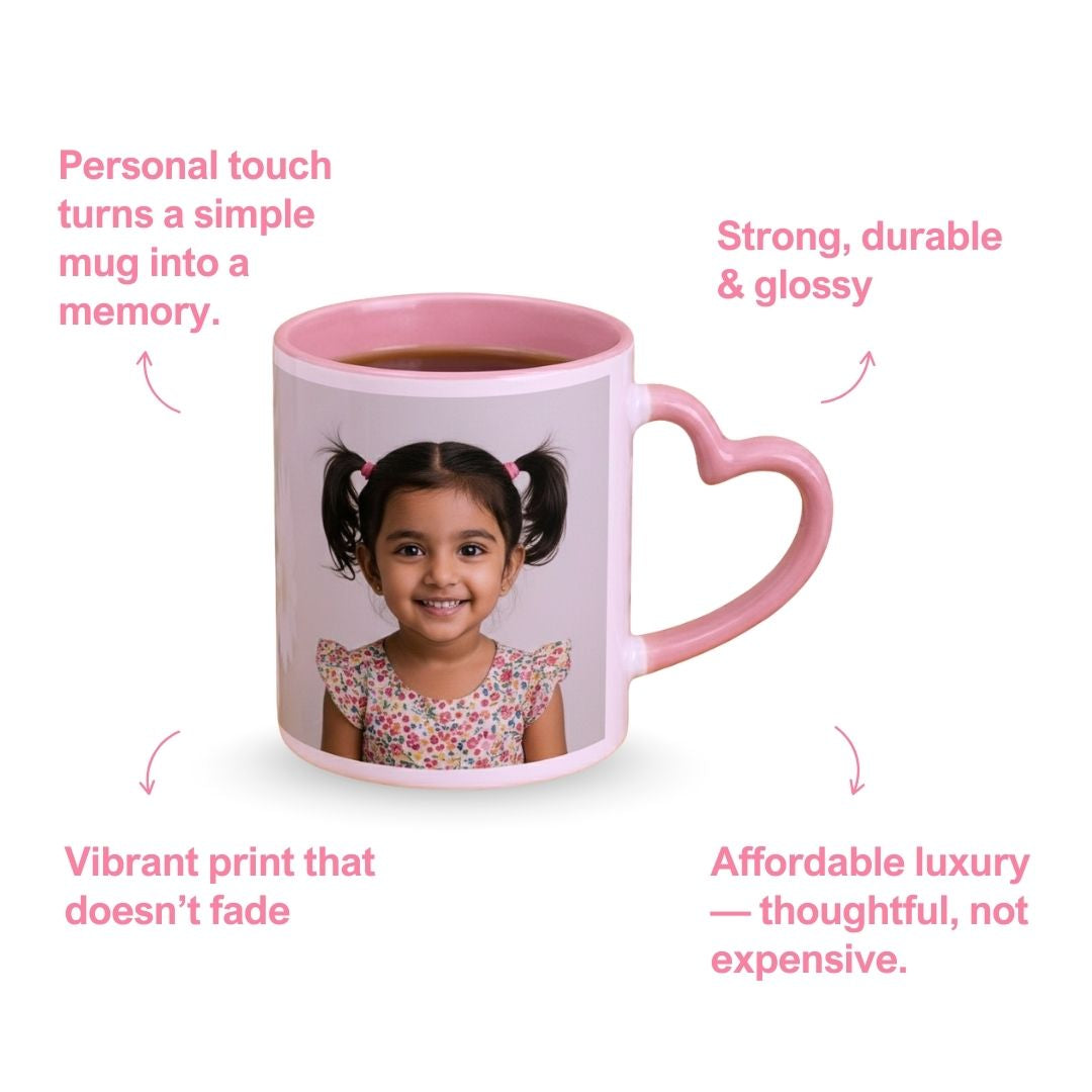 Pink Heart Handle Ceramic Photo Mug
