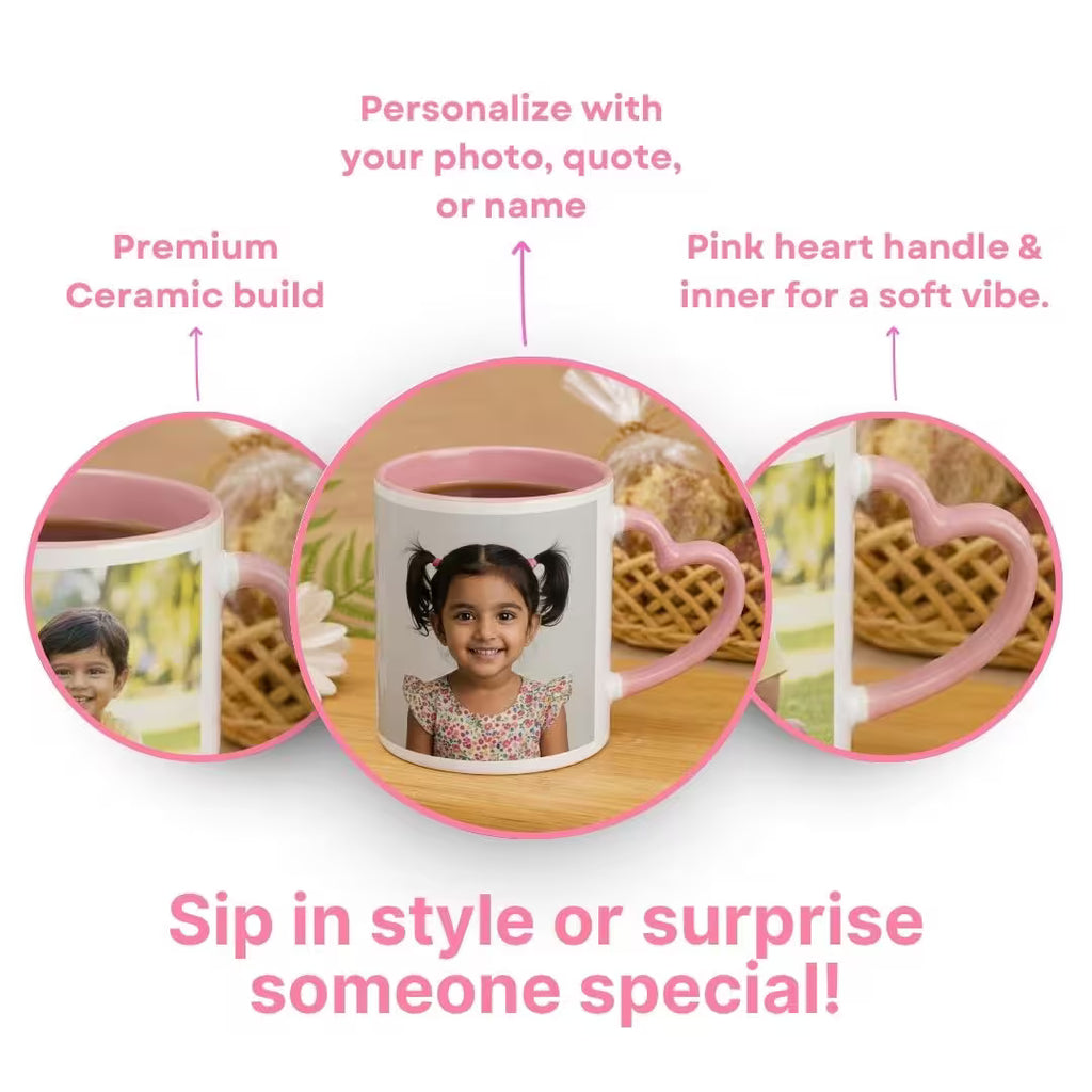 Pink Heart Handle Ceramic Photo Mug