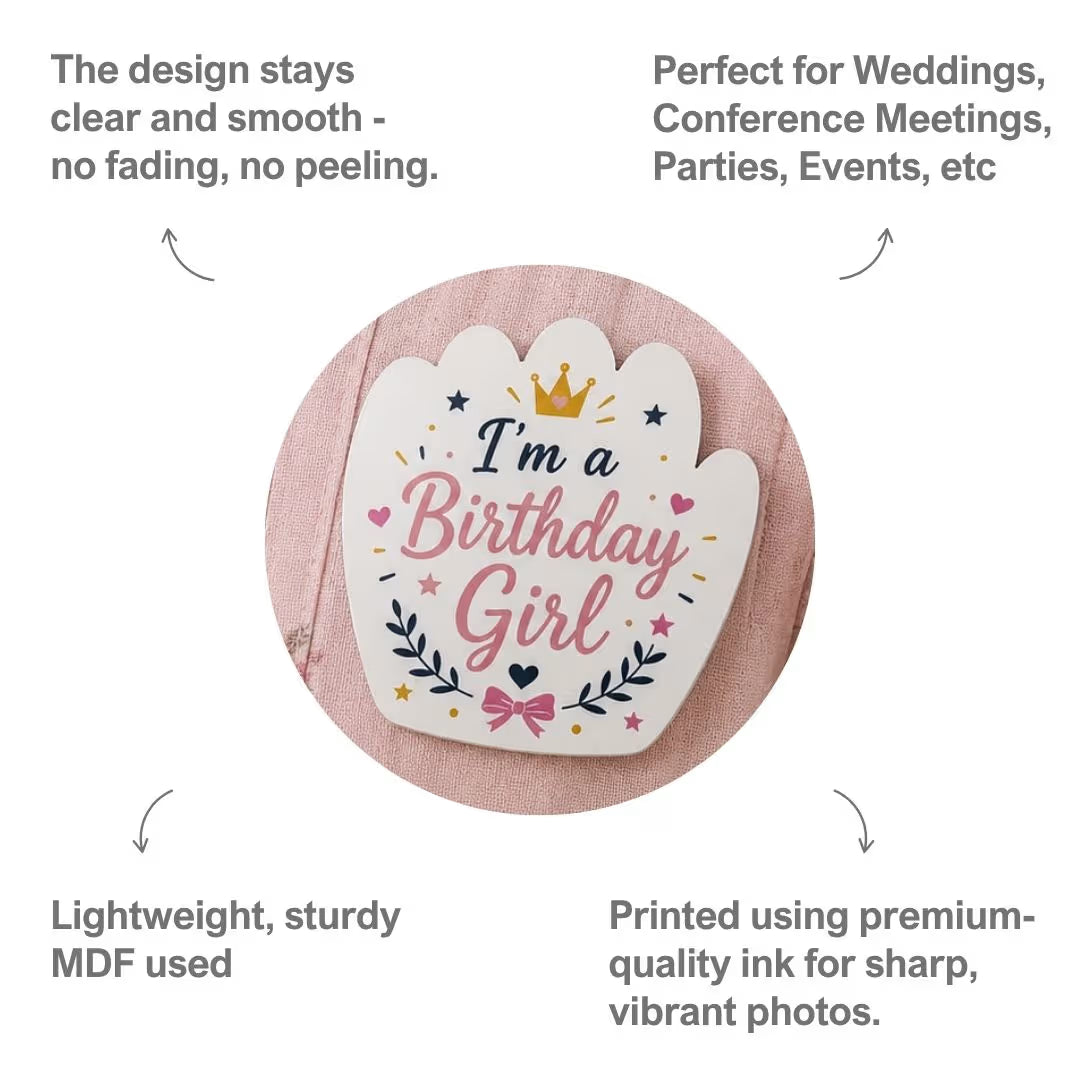 Customized MDF Hand Shaped Badge (Safety Pin Attachment)