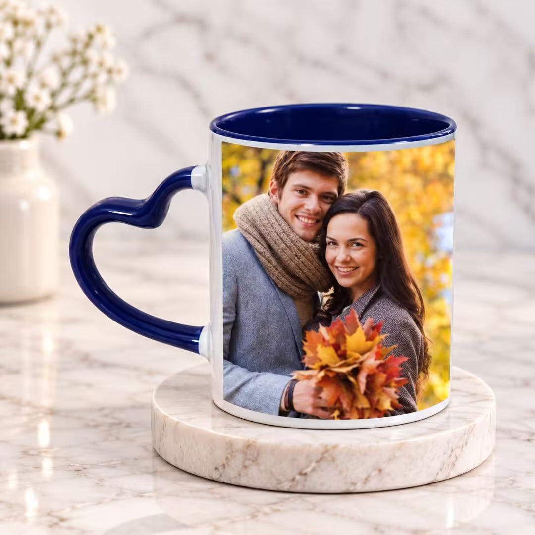Dark Blue Heart Handle Ceramic Photo Mug