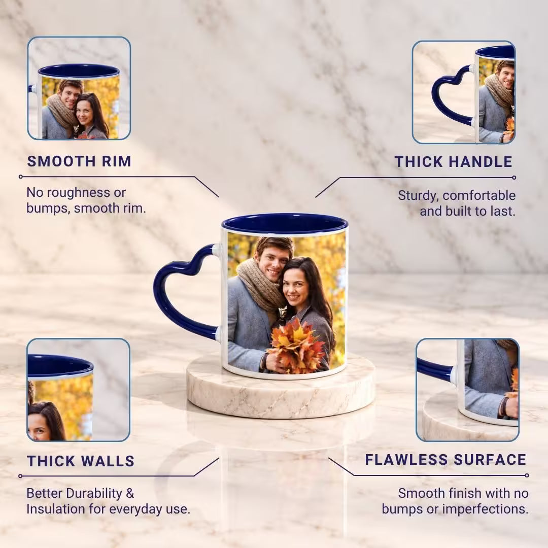 Dark Blue Heart Handle Ceramic Photo Mug