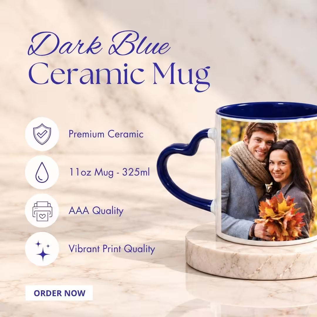 Dark Blue Heart Handle Ceramic Photo Mug