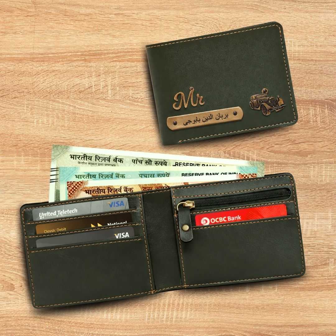 Personalized Chain Wallet with Name & Charm - Dark Olive Green