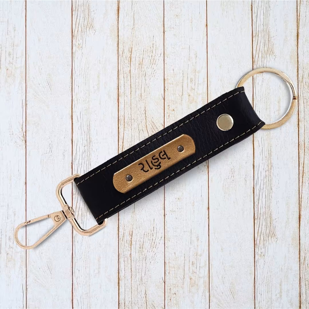 Black Vegan Leather Keychain with name