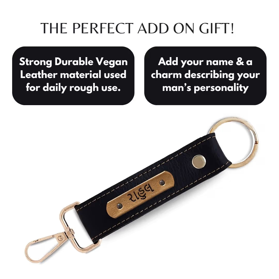 Black Vegan Leather Keychain with name