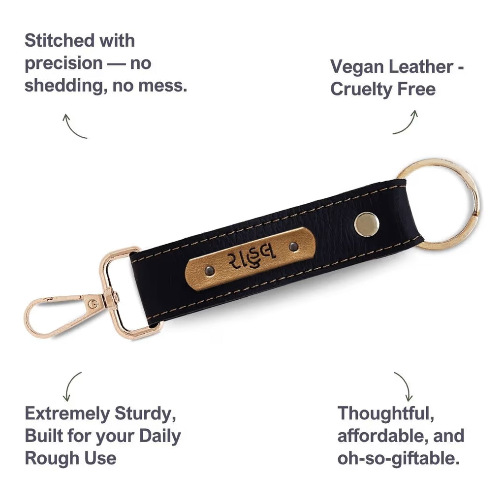Black Vegan Leather Keychain with name