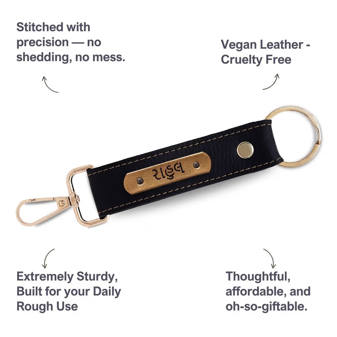 Black Vegan Leather Keychain with name