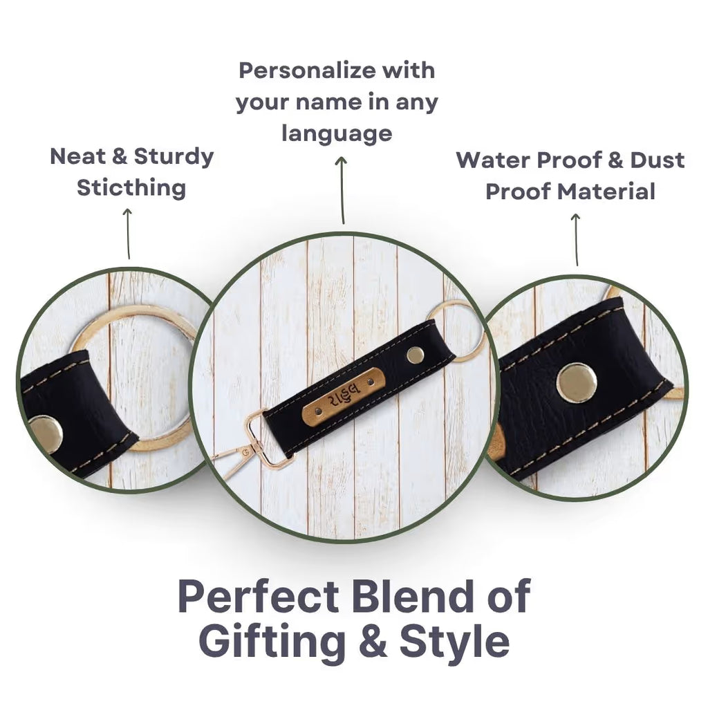 Black Vegan Leather Keychain with name