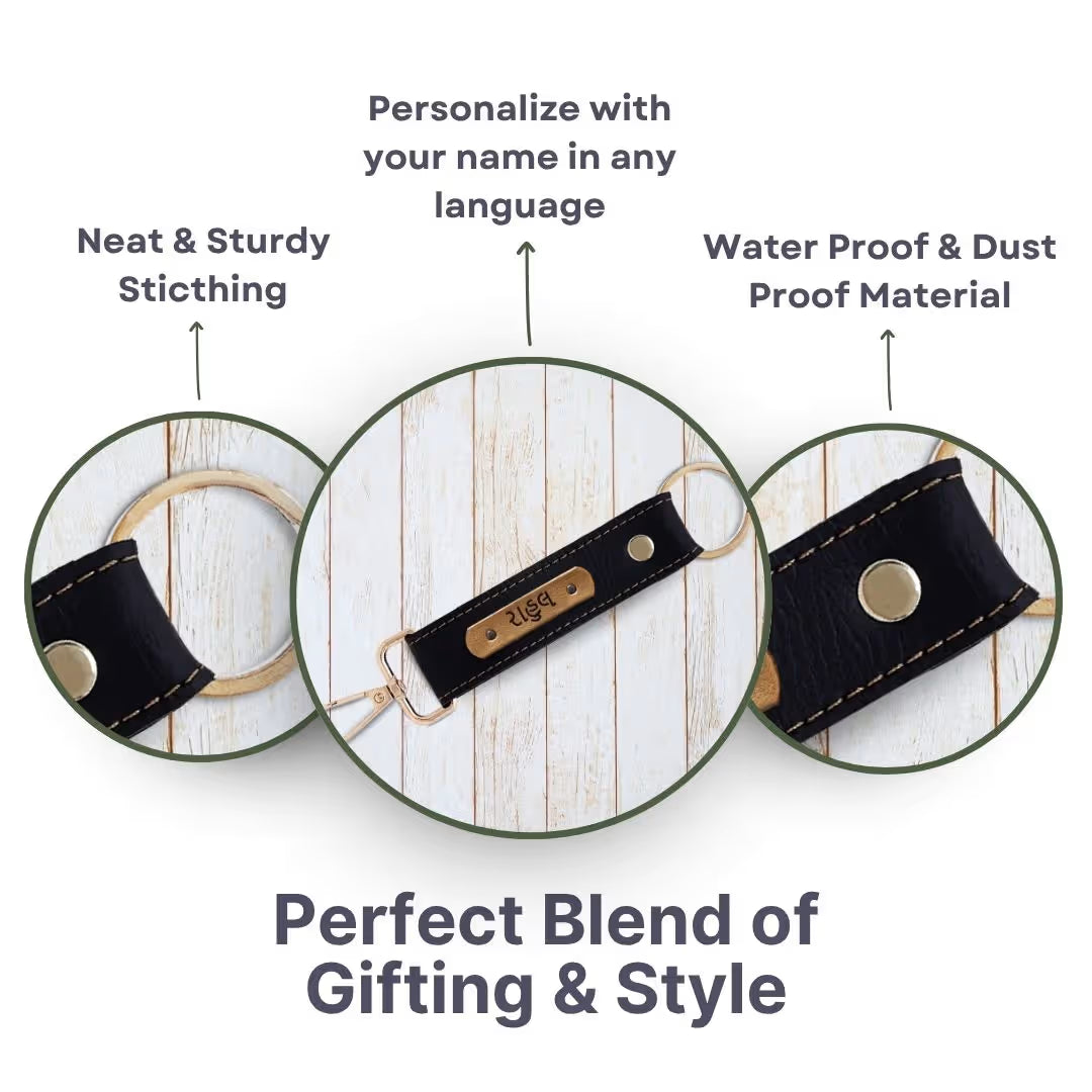 Black Vegan Leather Keychain with name