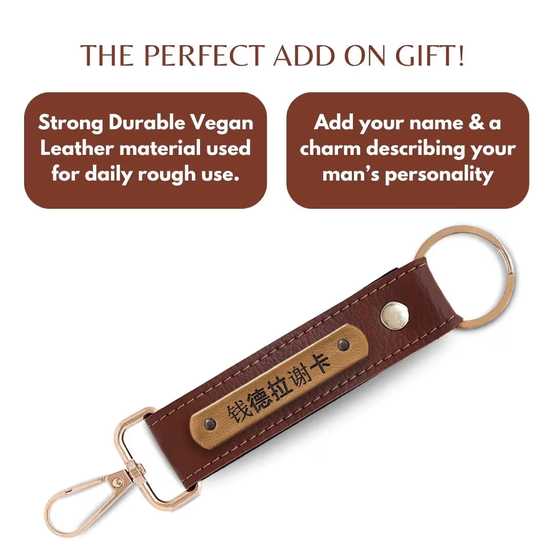 Brown Vegan Leather Keychain with name (Golden Hook)