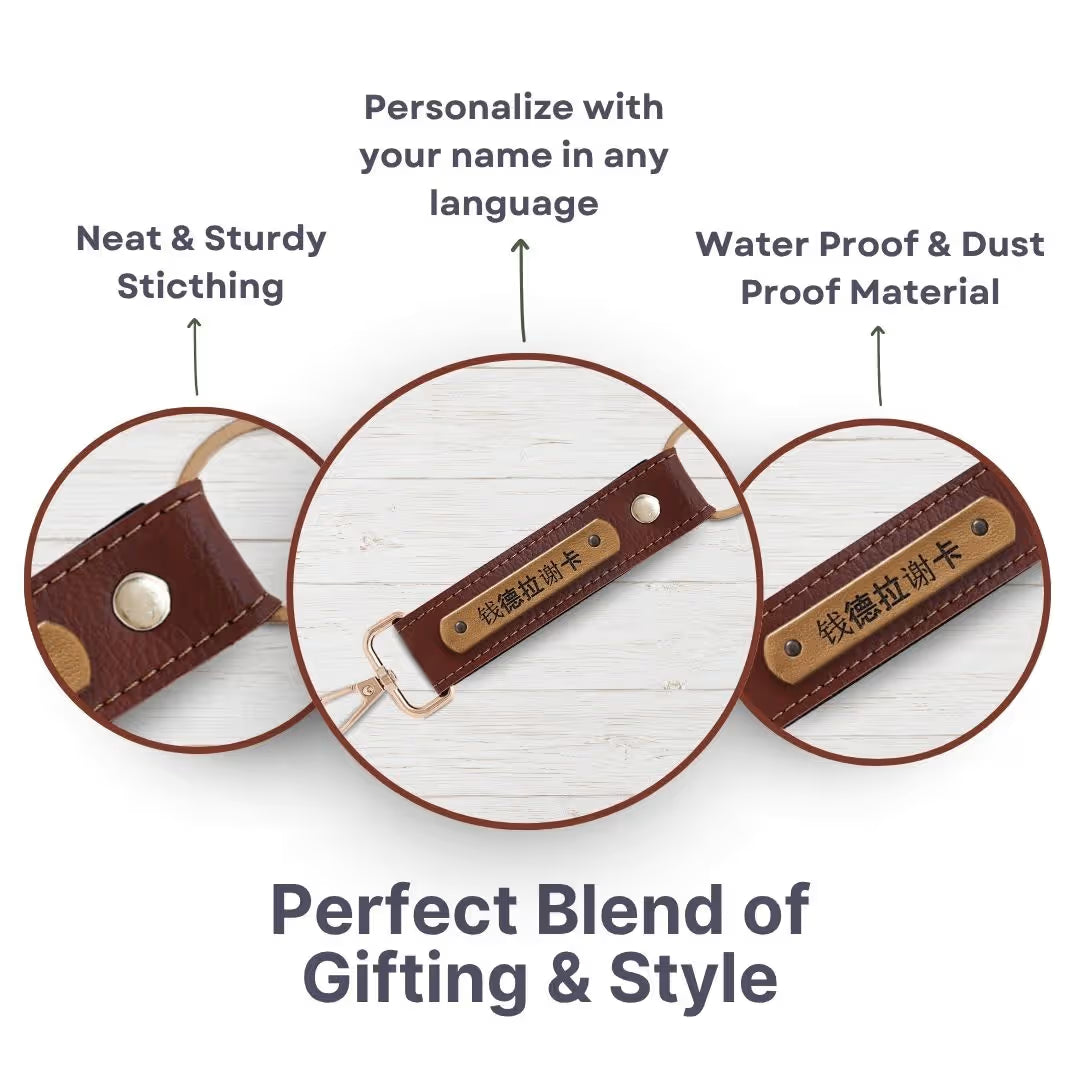Brown Vegan Leather Keychain with name (Golden Hook)
