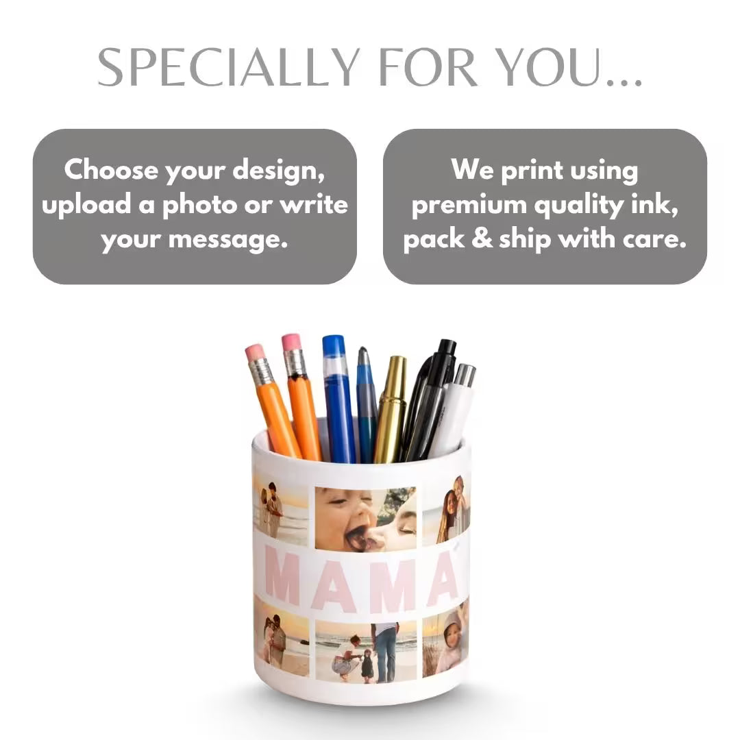 Personalized "MAMA" Photo Collage Pen Stand – Ceramic Desk Organizer