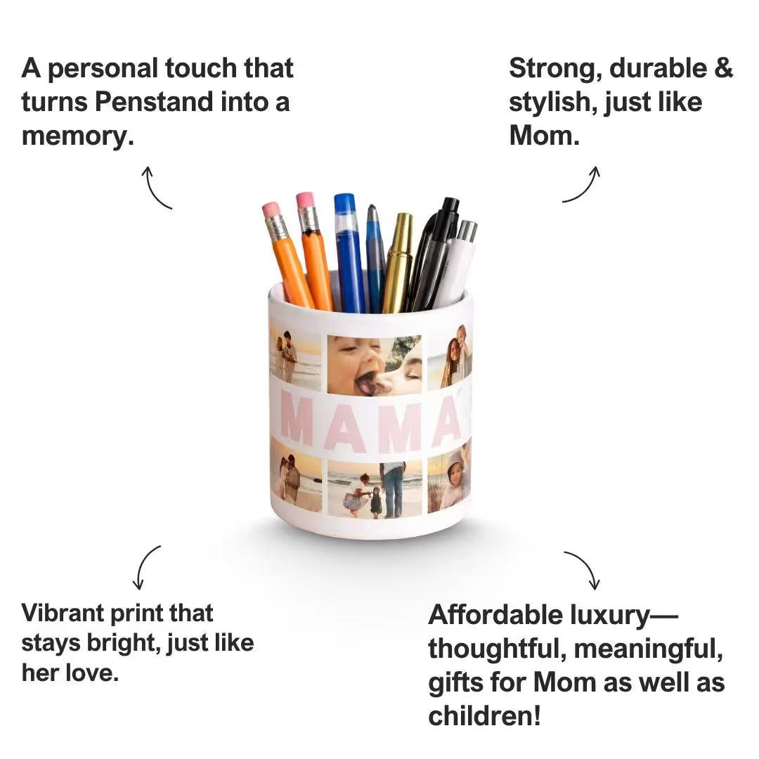 Personalized "MAMA" Photo Collage Pen Stand – Ceramic Desk Organizer