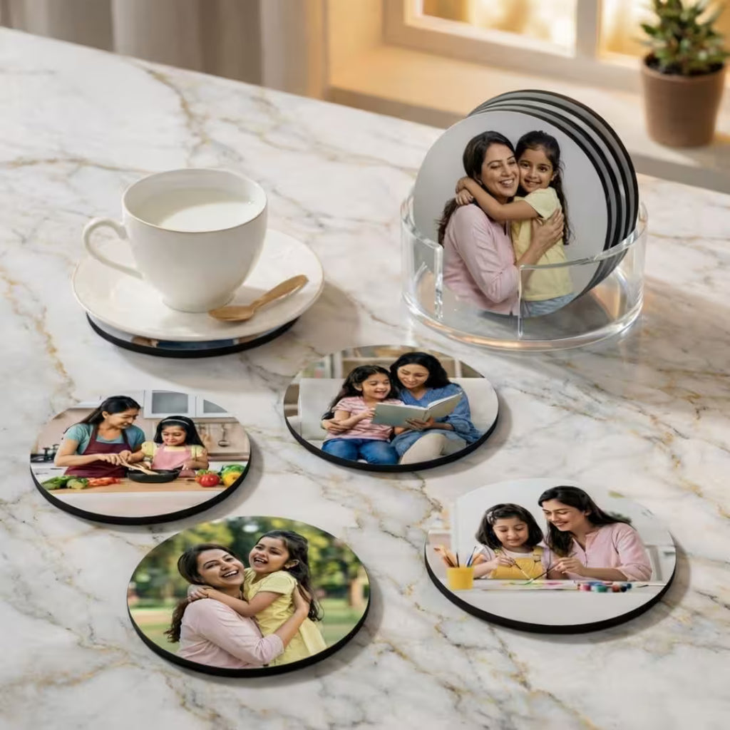 Personalized MDF Wooden Photo Circle Coasters for Mom (Set of 4)