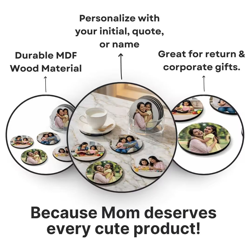 Personalized MDF Wooden Photo Circle Coasters for Mom (Set of 4)