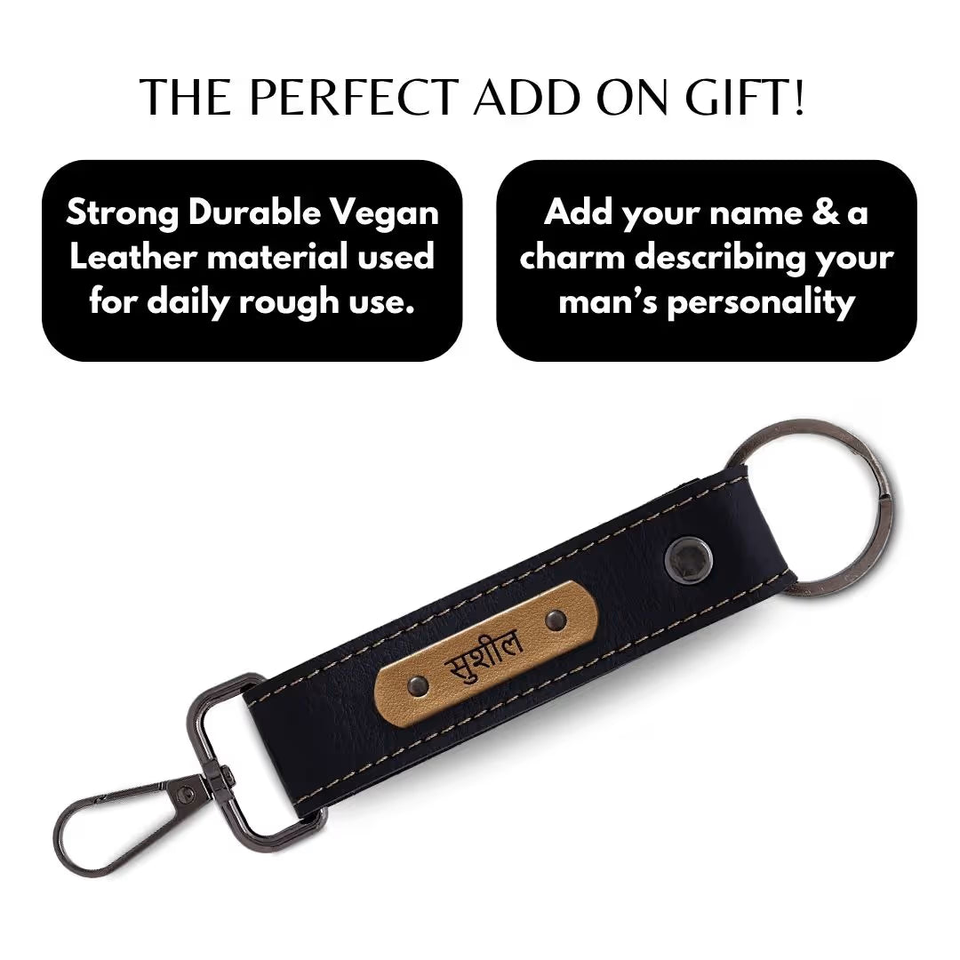 Black Vegan Leather Keychain with name (Black Hook)
