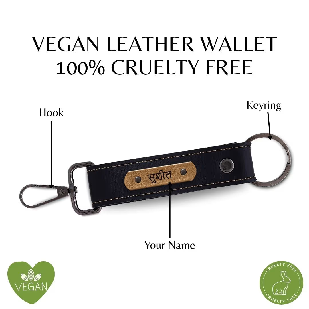 Black Vegan Leather Keychain with name (Black Hook)