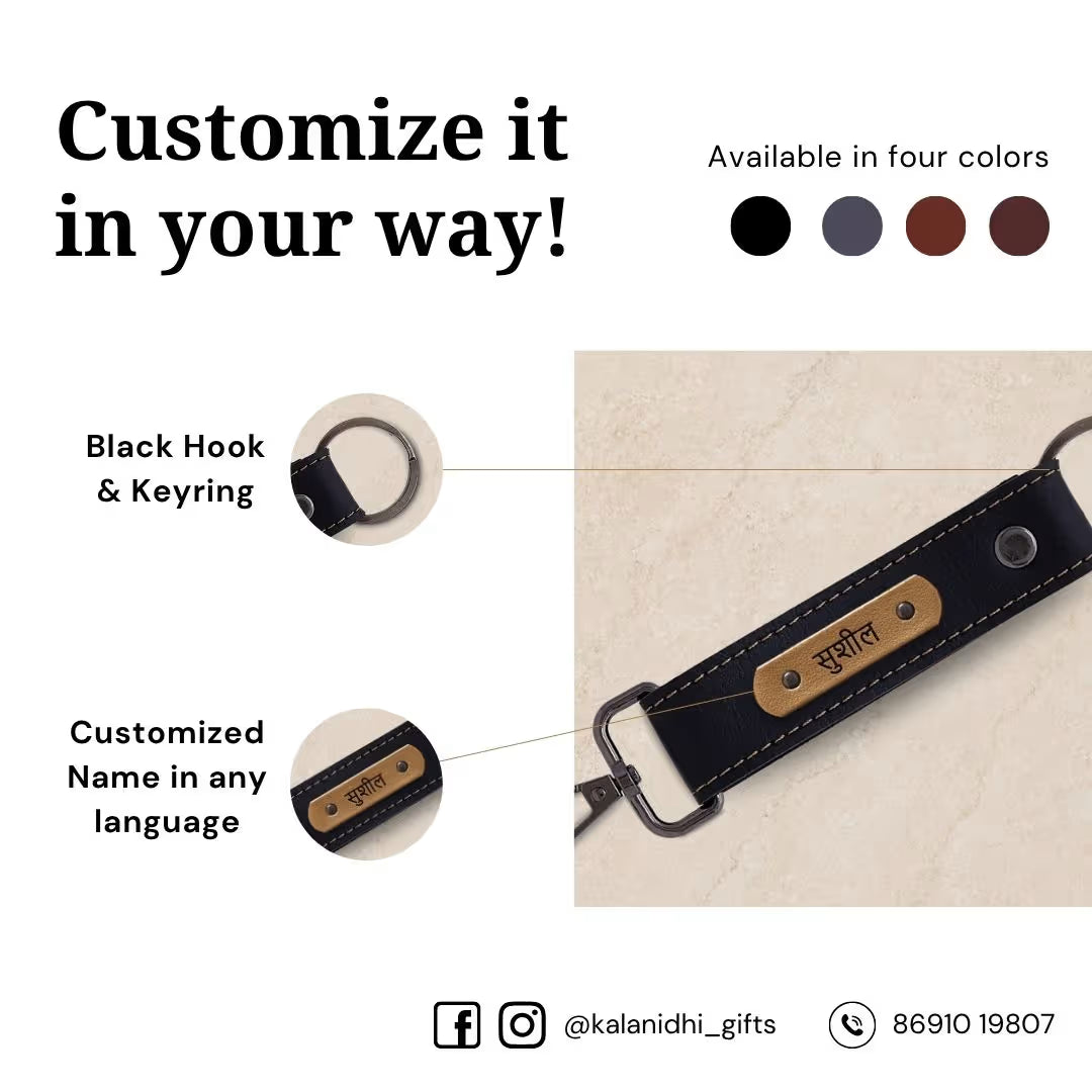 Black Vegan Leather Keychain with name (Black Hook)