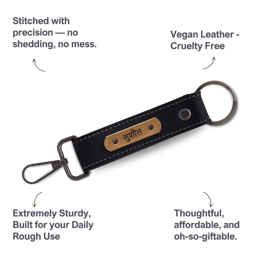 Black Vegan Leather Keychain with name (Black Hook)