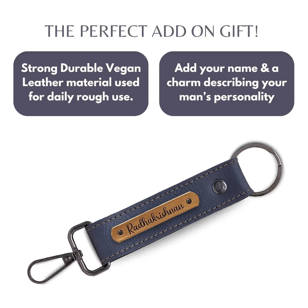 Grey Vegan Leather Keychain with name (Black Hook)