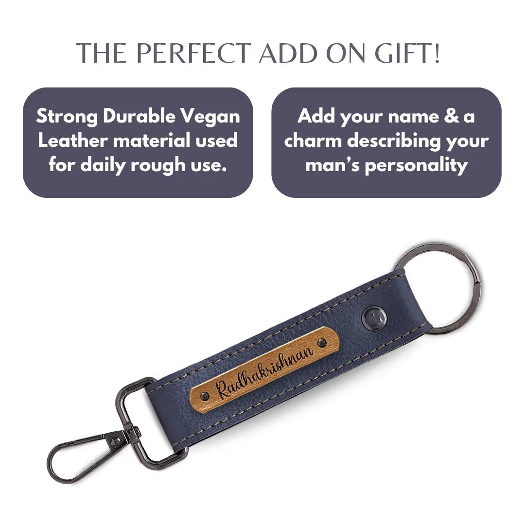 Grey Vegan Leather Keychain with name (Black Hook)