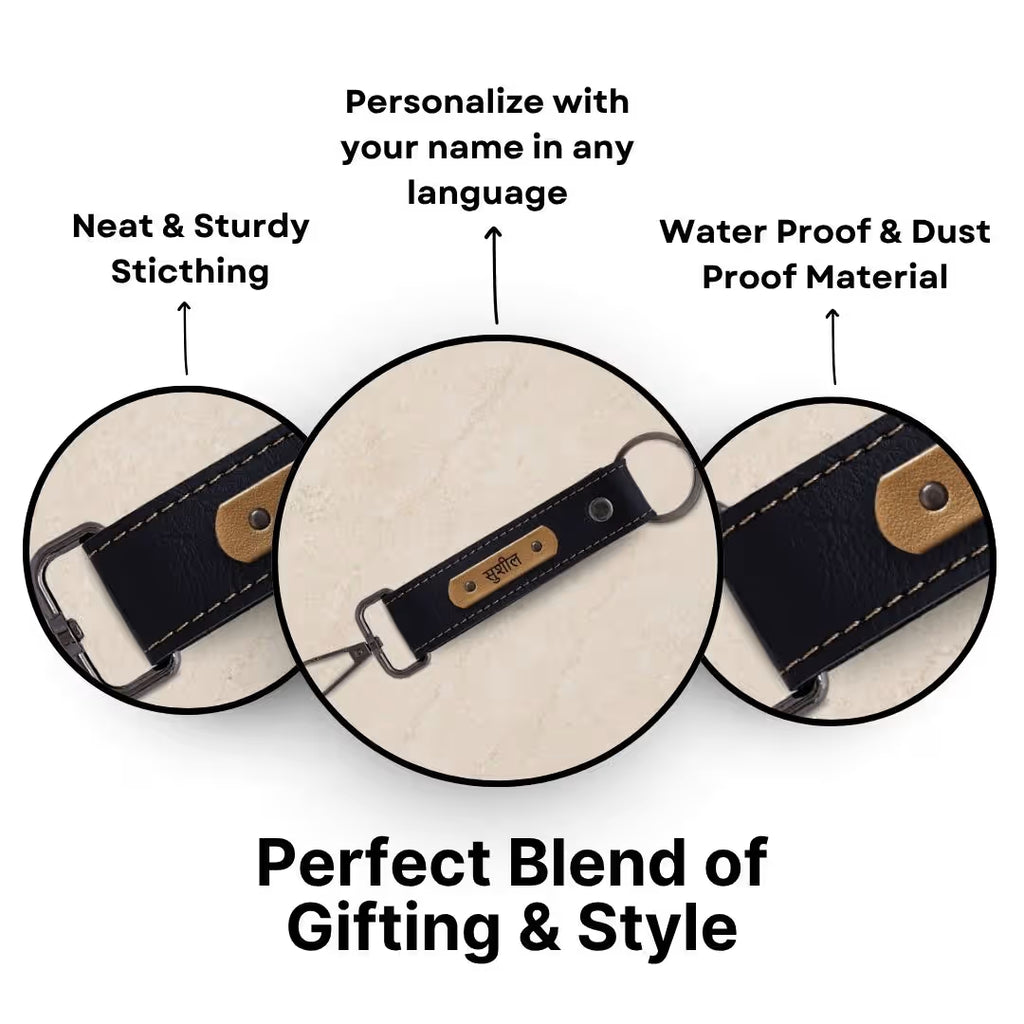 Black Vegan Leather Keychain with name (Black Hook)