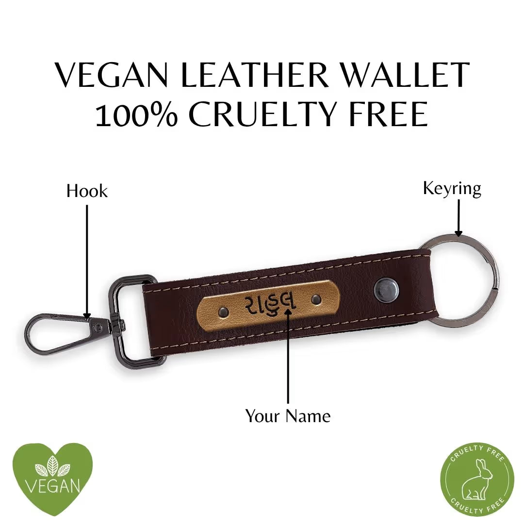 Dark Brown Vegan Leather Keychain with name (Black Hook)