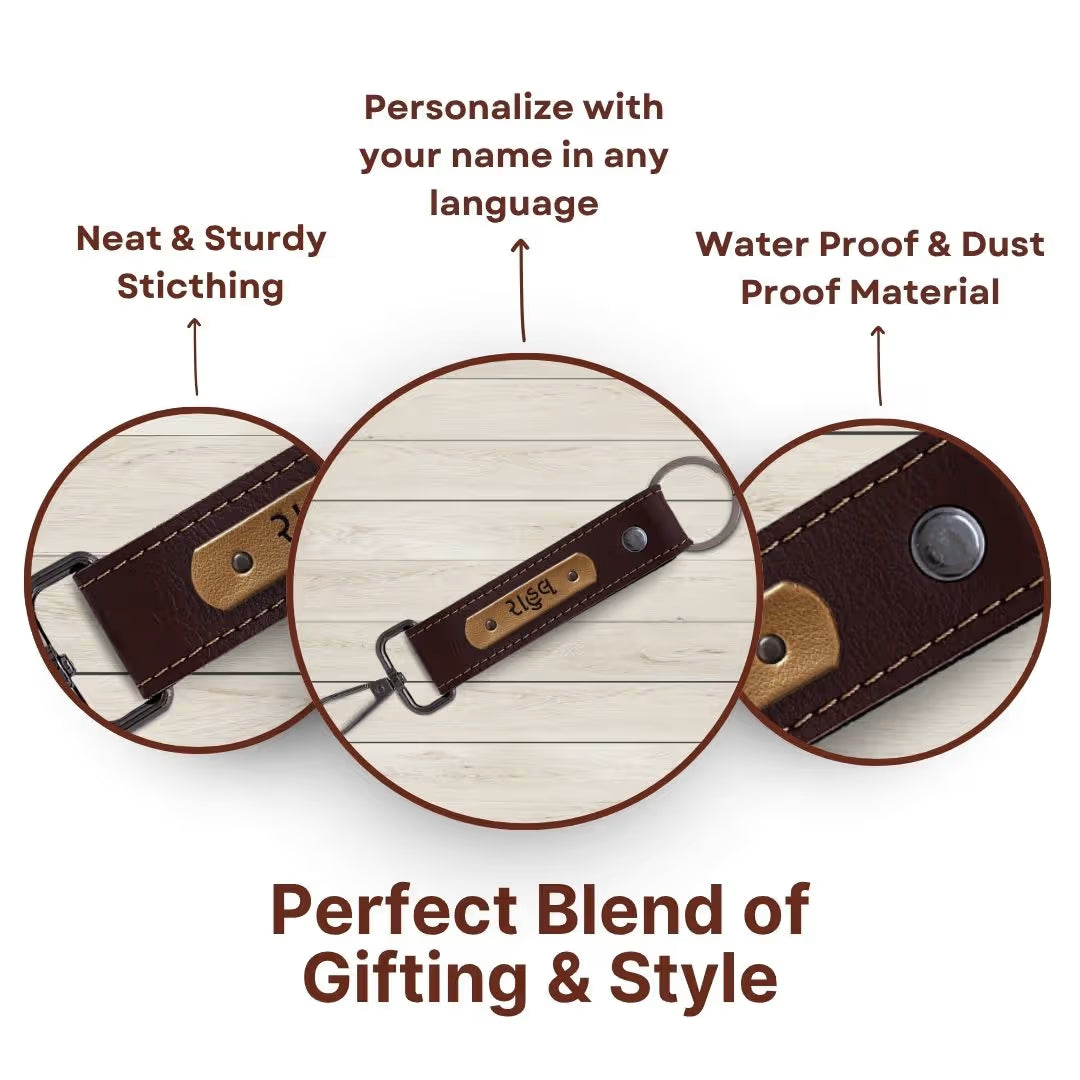 Dark Brown Vegan Leather Keychain with name (Black Hook)