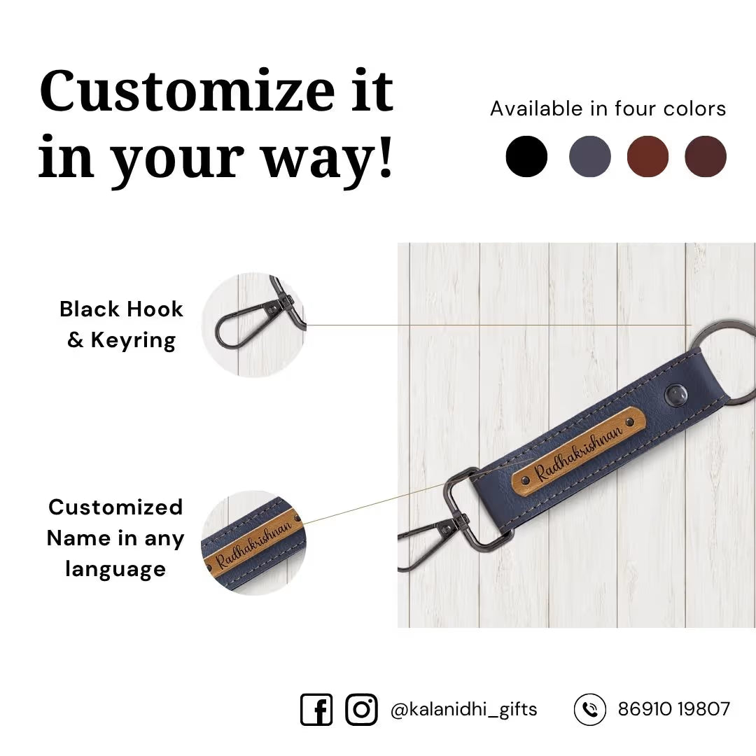 Grey Vegan Leather Keychain with name (Black Hook)