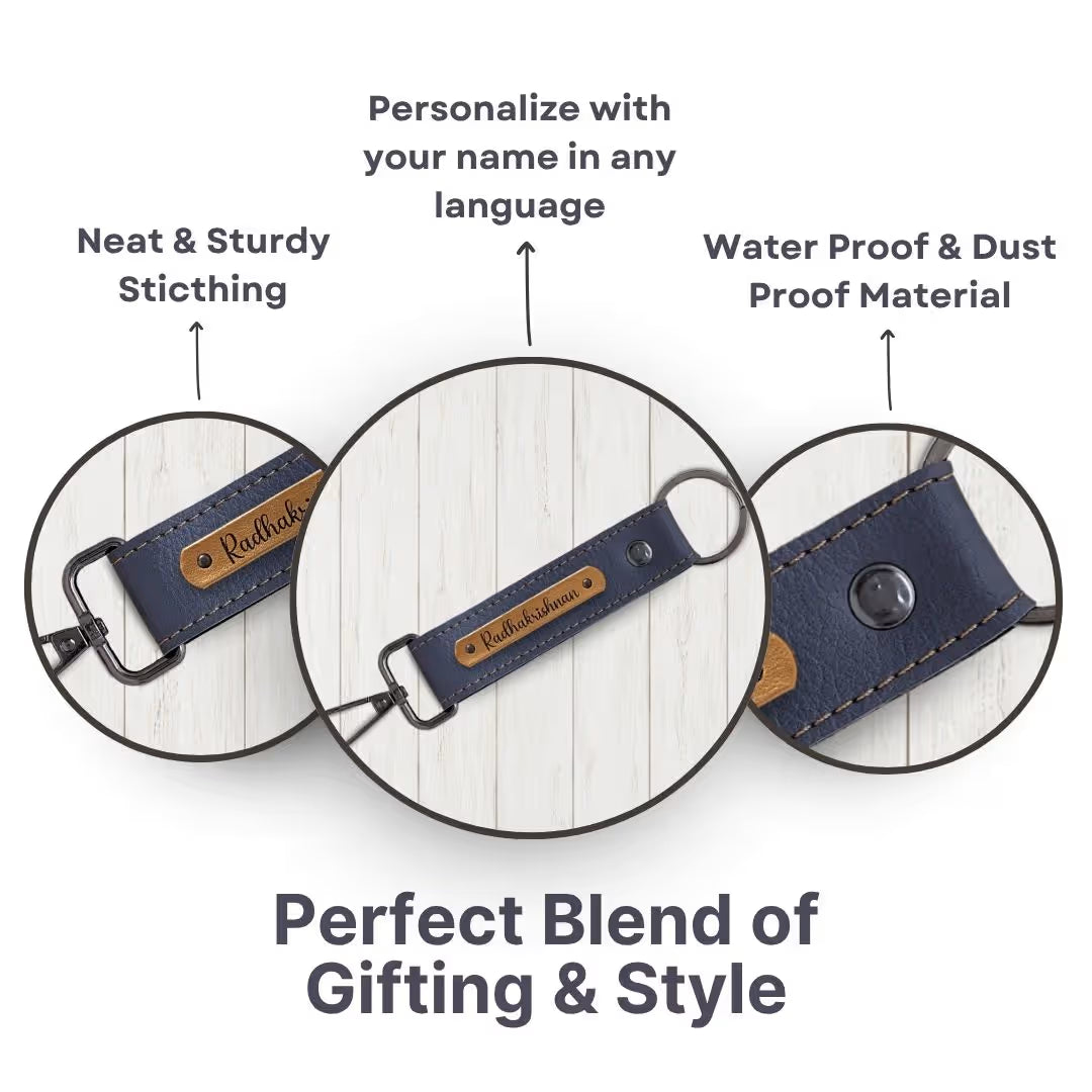 Grey Vegan Leather Keychain with name (Black Hook)