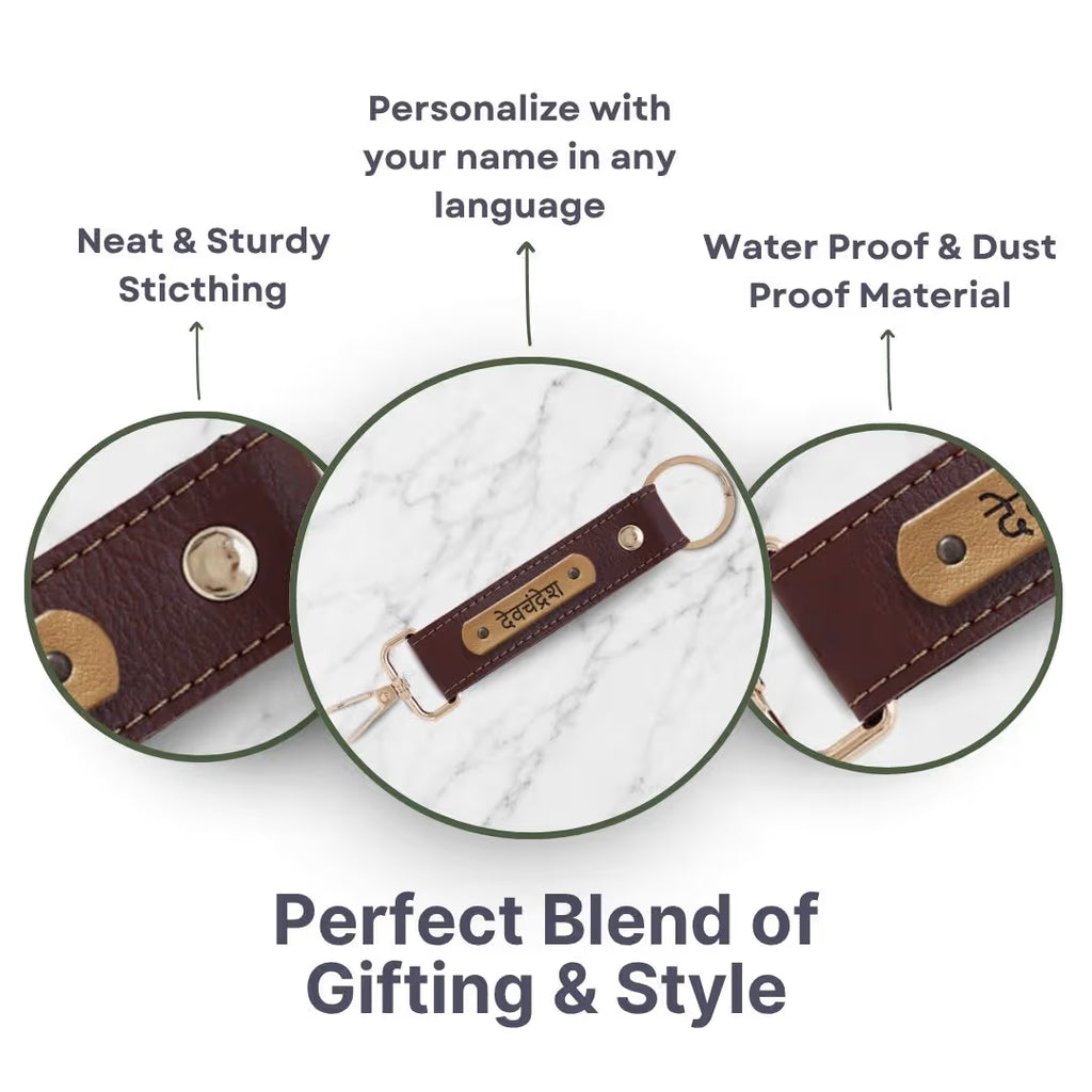 Dark Brown Vegan Leather Keychain with name (Golden Hook)