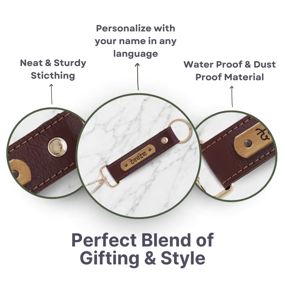 Dark Brown Vegan Leather Keychain with name (Golden Hook)