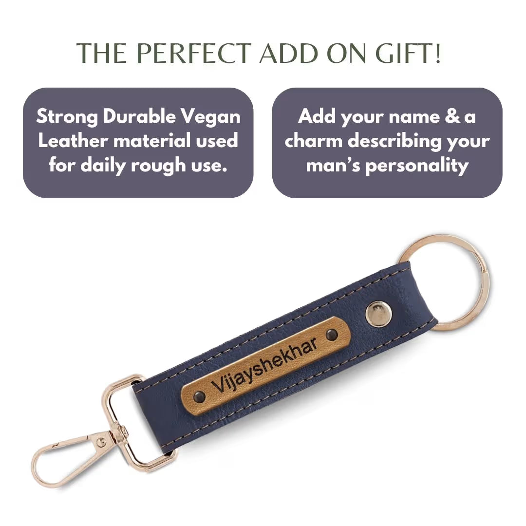 Grey Vegan Leather Keychain with name (Golden Hook)