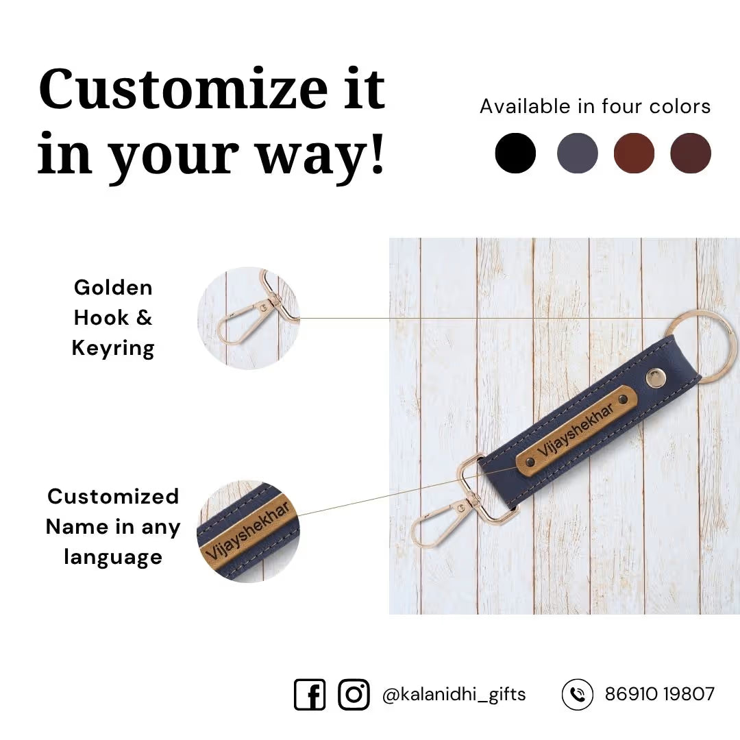 Grey Vegan Leather Keychain with name (Golden Hook)