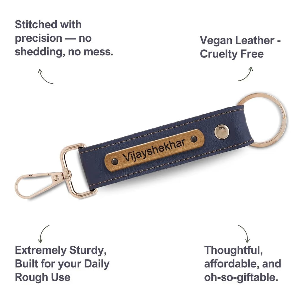 Grey Vegan Leather Keychain with name (Golden Hook)