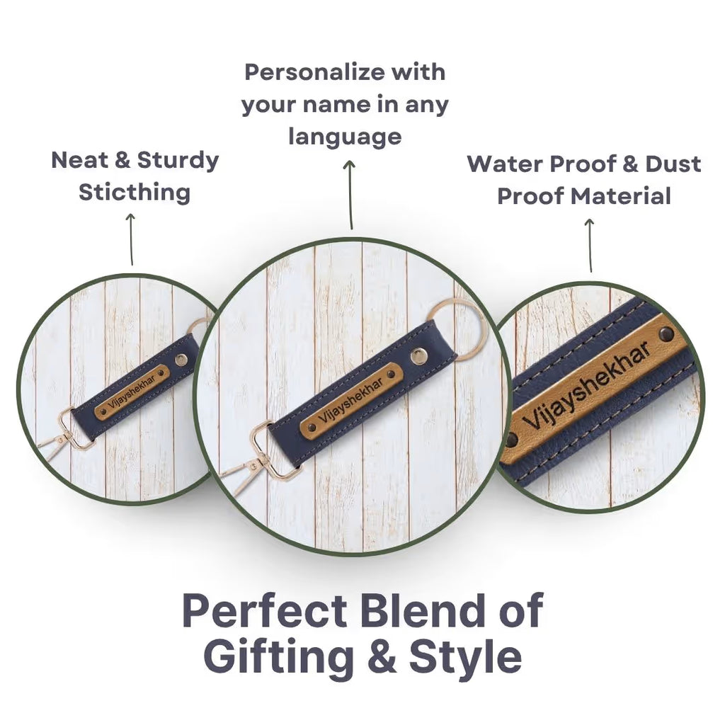 Grey Vegan Leather Keychain with name (Golden Hook)