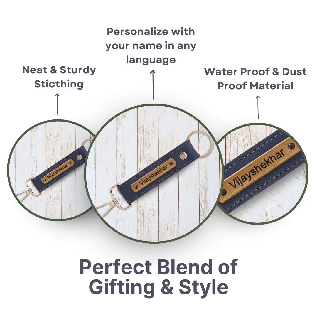 Grey Vegan Leather Keychain with name (Golden Hook)
